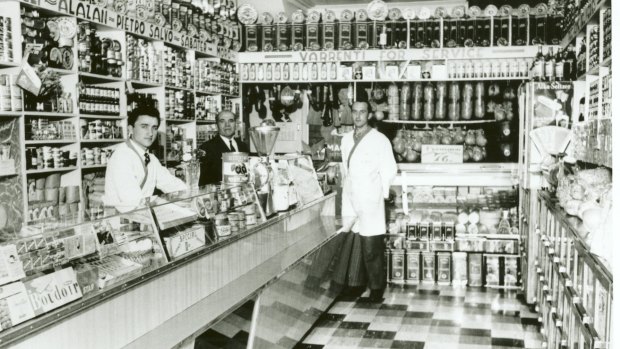 Inside Varrenti's Italian grocery store in Lygon Street, 1962.