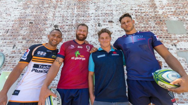 Christian Lealiifano of the Brumbies, Scott Higginbotham of the Reds, Michael Hooper of the Waratahs and Adam Coleman of the Rebels at the launch of the 2018 Super Rugby Season.