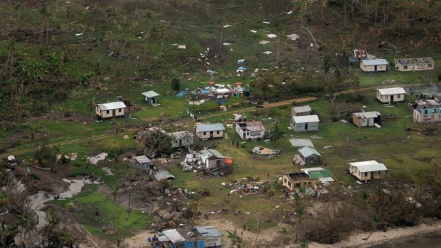 Damaged buildings at Nakama settlement in Fiji, after Cyclone Winston's landfall.