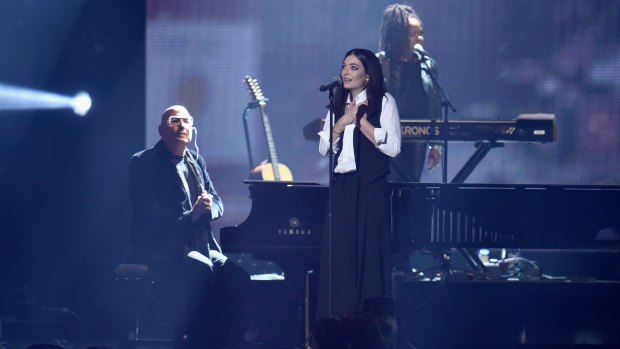 Lorde performs a tribute to David Bowie at the BRIT Awards in London on Wednesday.