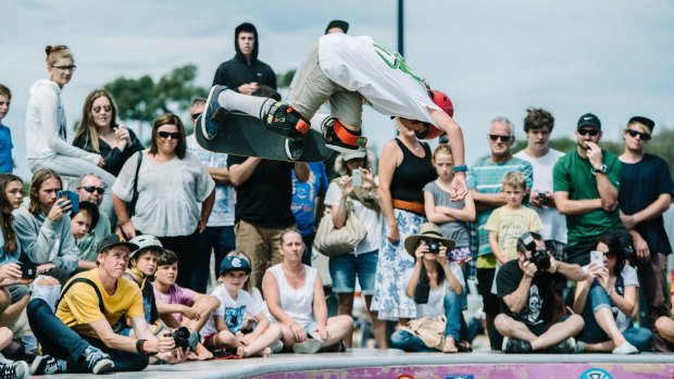 Zepp Heyes, from Rye, Victoria, at the King of Concrete skateboarding competition in Busselton, WA, March 2016.