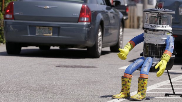 HitchBOT the hitchhiking robot in Marblehead, Massachusetts on July 17.