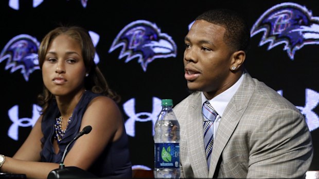 NFL running back Ray Rice and his wife Janay address the media in May.