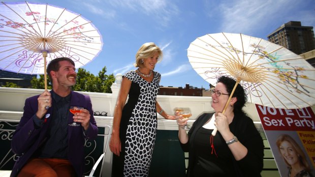In favour of fun: Joel Murray, Fiona Patten and Francesca Collins enjoy their campaign launch.