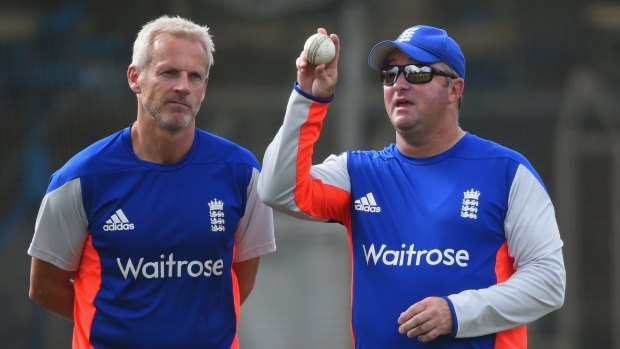 Brains trust: England coach Peter Moores and assistant Paul Farbrace during an England nets session at the SCG on Thursday.