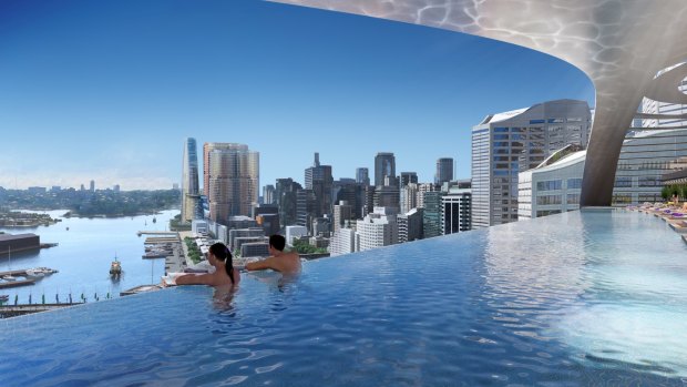 Grocon is considering building a hotel and apartments complex at Darling Harbour, complete with infinity pool.
