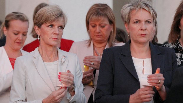 Foreign Affairs Minister Julie Bishop and Deputy Opposition Leader Tanya Plibersek during a candlelight vigil for Andrew Chan and Myuran Sukumaran in February. 
