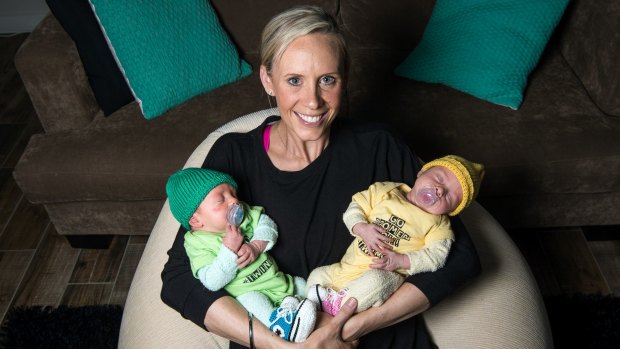 Green and gold: Renae Ingles with twins Milla and Jacob.