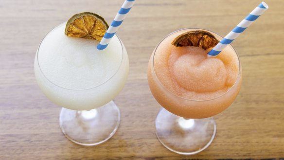Margaritas, including these frozen lime and blood orange cocktails, are a repeat order at Repeat Offender.