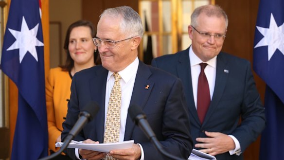 Prime Minister Malcolm Turnbull with Treasurer Scott Morrison and Kelly O'Dwyer, Minister for Small Business and Assistant Treasurer.