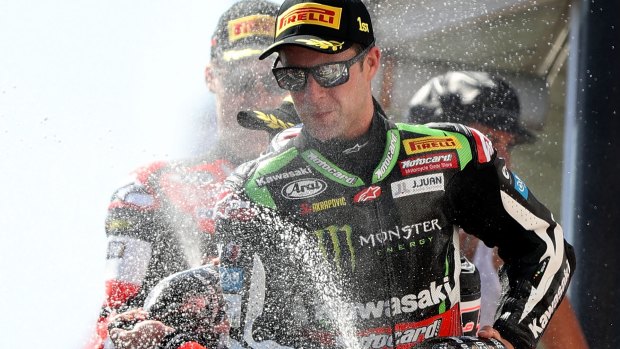 Jonathan Rea of Great Britain celebrates after winning race two.