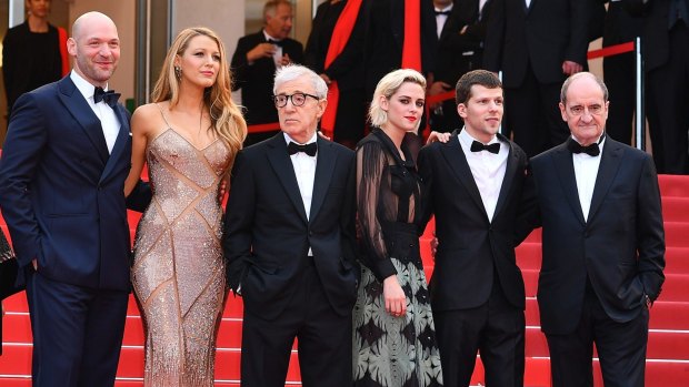 Cafe Society star Blake Lively defended Woody Allen. Also pictured Corey Stoll, Kristen Steward, Jesse Eisenberg and Cannes Film Festival president Pierre Lescure at the Cafe Society premiere.
