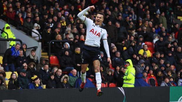 Dele Alli celebrates finding the back of the net for Spurs.