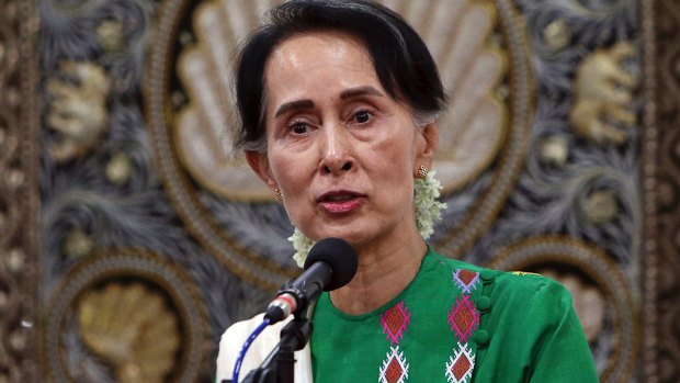 Myanmar de facto leader Aung San Suu Kyi during a press briefing with US Secretary of State Rex Tillerson on Wednesday.