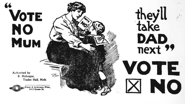 One of the Vote No posters prepared by the ALP's anti-conscription campaign committee. This was used in the 1917 plebiscite, after Billy Hughes was expelled from the Labor Party following the 1916 defeat. 