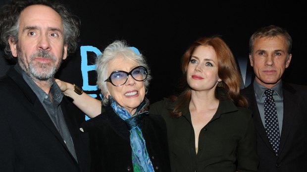 Tim Burton, artist Margaret Keane, and actors Amy Adams and Christoph Waltz at the New York premiere of <i>Big Eyes</i>.