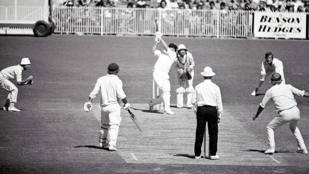 Centenary Test, Australia v England: March 17, 1977: David Hookes hits five consecutive fours off English bowler Tony Grieg.
