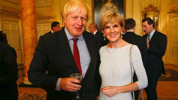 Boris Johnson and Julie Bishop catch up at 10 Downing Street on Thursday.