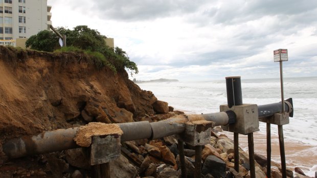 A sewerage pipe is exposed in storms at South Narrabeen. 