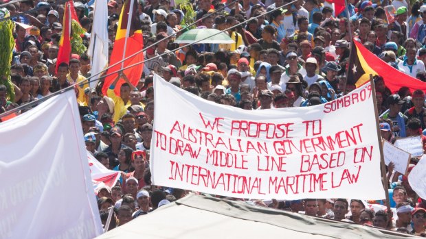 At least 10,000 people attended a protest in Dili last year against Australia's stance on the oil and gas meridian line in the Timor Sea. 
