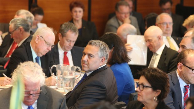 Treasurer Joe Hockey, Opposition Leader Bill Shorten and RBA governor Glenn Stevens and others at the National Reform Summit.