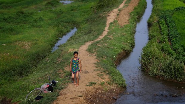 A young girl dressed in her swimming suit walks by a stream between fields in North Korea's Hamju district this week.