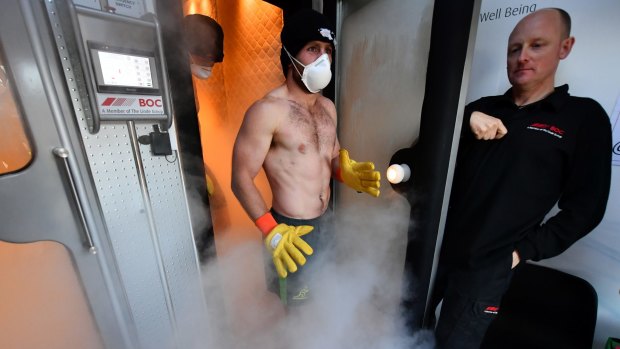 The big freeze: Bernard Foley emerges from a cryotherapy chamber following an Australia training session.