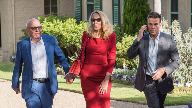 Rupert Murdoch, his wife Jerry Hall and son Lachlan leave Kirribilli House after summer drinks with Malcolm Turnbull.