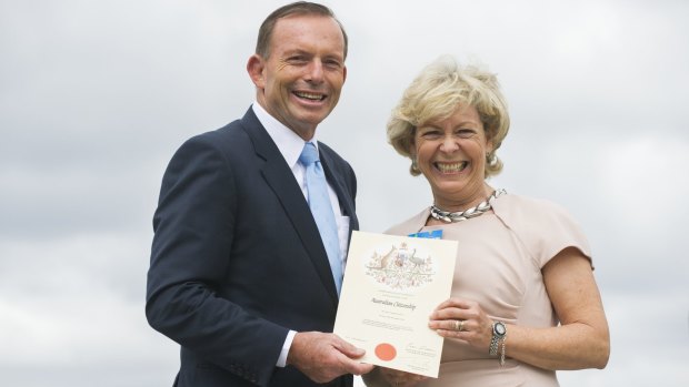 Prime Minister Tony Abbott with new Australian Hilary Kay at the Australia Day Citizenship Ceremony.