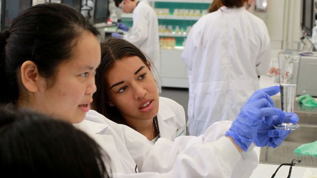 Indigenous high students try their hand in a pharmacy lab as part of the Wingara Mura – Bunga Barrabugu program at the University of Sydney.