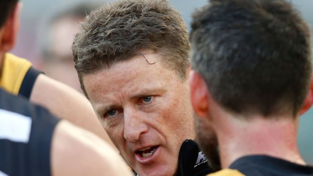Richmond coach Damien Hardwick addresses his players during the elimination final against North Melbourne.