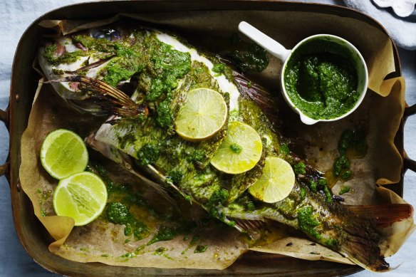 Whole-roasted snapper with a zippy, herby sauce.