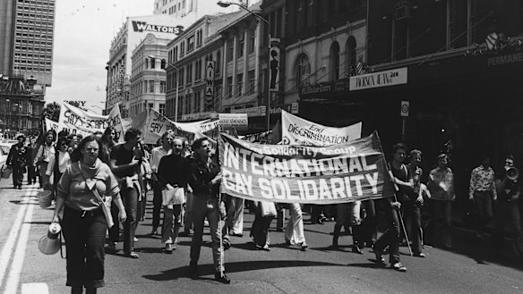 Homosexuals demonstrate in the morning march in Sydney before a street parade that would eventually evolve into the Sydney Mardi Gras.