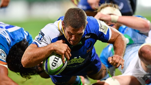 Try time:  Matt Hodgson scores during the round 13 Super Rugby match between the Force and the Blues at nib Stadium.