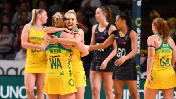 The Diamonds celebrate their win over the Silver Ferns in Adelaide.