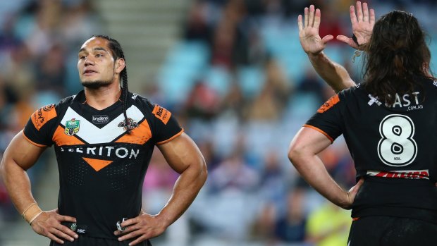 Night over: Wests Tigers lock Martin Taupau is sent to the sin bin in his side's heavy loss to the Roosters.