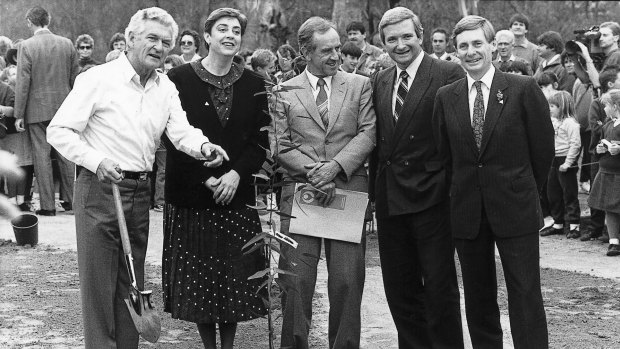 Bob Hawke plants the first of a promised one billion trees, with ACT chief minister Rosemary Follett, and the premiers of Victoria, NSW and SA - John Cain, Nick Greiner and John Bannon in 1989.
