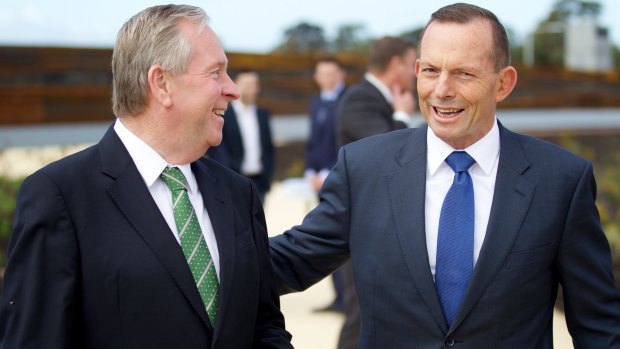 Australian Prime Minister Tony Abbott with (right) Western Australia Premier Colin Barnett during talks about the Gateway WA Perth Airport Project