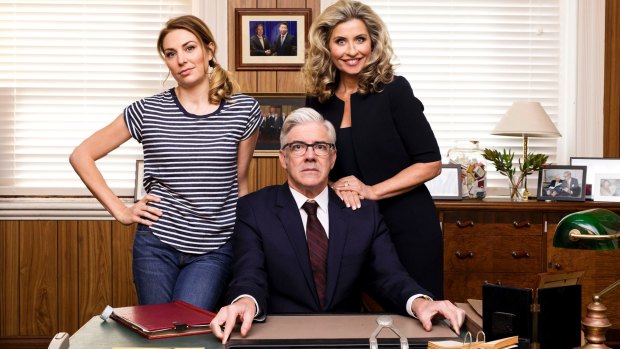 Kate Jenkinson, Shaun Micallef  and Nicki Wendt in The Ex-PM.