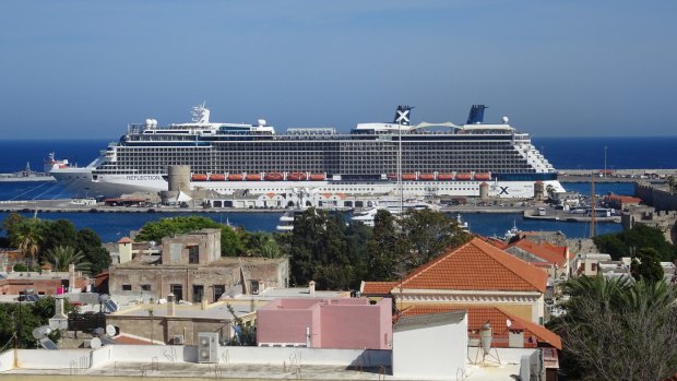 The Celebrity Reflection  moored in Rhodes, Greece.
