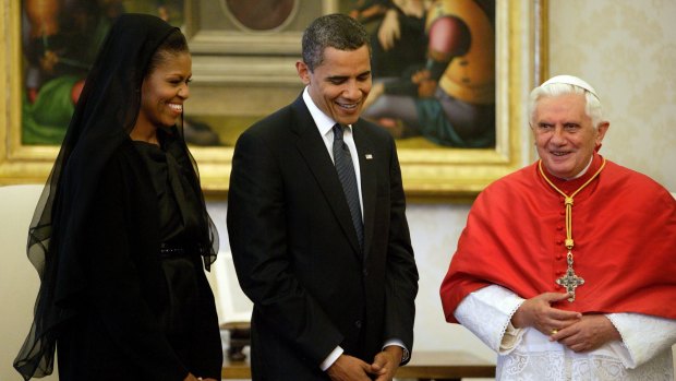 Michelle and Barack Obama met with Pope Benedict in the Vatican in 2009. Mrs Obama wore an outfit similar to the Trump women.