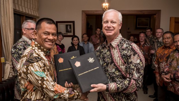 Happier times: General Gatot Nurmantyo and Australian Defence chief Air Marshal Mark Binskin after signing a statement on defence co-operation in October. 