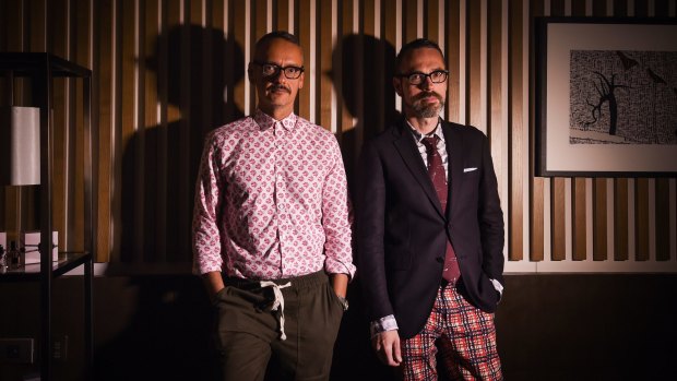 Dutch designers, from left, Viktor Horsting and Rolf Snoeren are in Sydney to celebrate the success of their fragrance, Flower Bomb.
