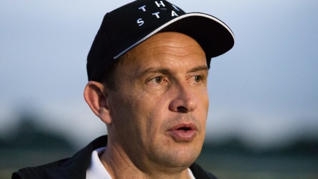 Looking ahead: Chris Waller talks to the media after the trackwork session on February 9.