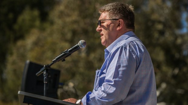 Former Clubs ACT president Max Mercer, of the Raiders, speaking at a rally during the election campaign.