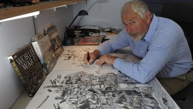 Jim Kaucz works on the pen and ink poster depicting scenes from World War I to commemorate the Gallipoli centenary.
