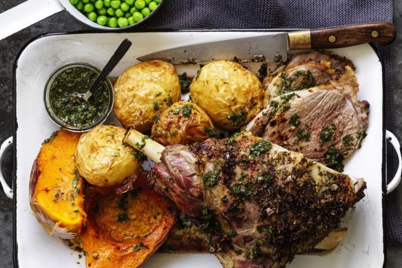 Adam Liaw's 'crying' roast lamb with pumpkin, peas and potatoes.