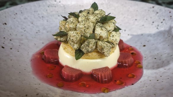 Spiced lemon bavarois with poached rhubarb and mint.
