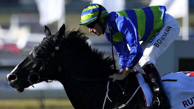 Hugh Bowman rides Ruthven to win race 7 at the Queensland Derby at Doomben.