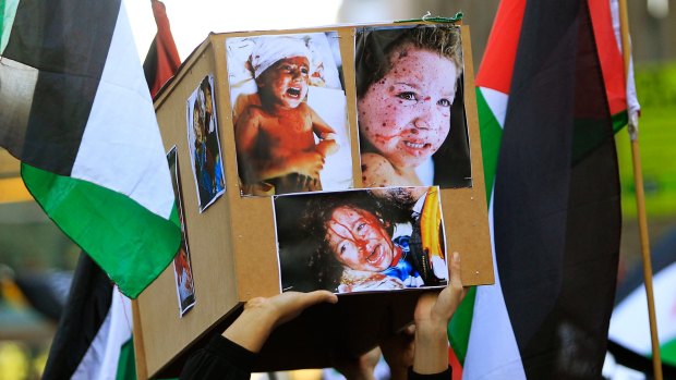 Graphic displays at a pro-Palestine protest march in Sydney.
